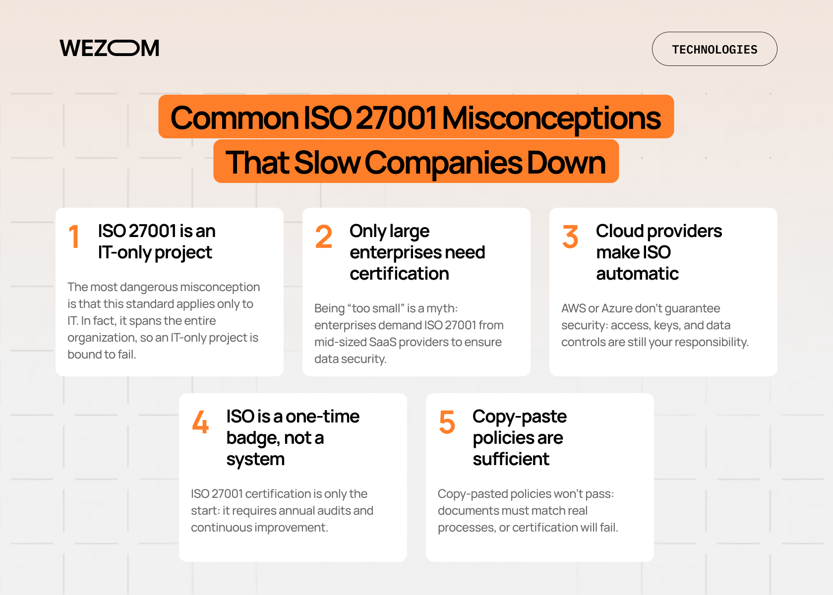 Common ISO 27001 misconceptions that slow certification, including IT-only approach, cloud reliance, one-time badge thinking, and copy-paste policies